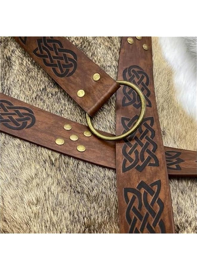 Medieval Embossed O Ring Belt with Viking Embossed Belt Bag, Vintage Faux Leather Belt and Belt Pouch Set for LARP (Brown B)