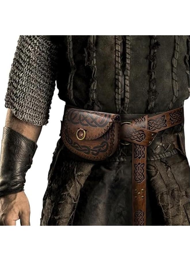 Medieval Embossed O Ring Belt with Viking Embossed Belt Bag, Vintage Faux Leather Belt and Belt Pouch Set for LARP (Brown B)