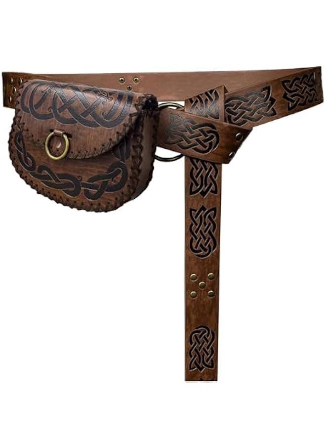 Medieval Embossed O Ring Belt with Viking Embossed Belt Bag, Vintage Faux Leather Belt and Belt Pouch Set for LARP (Brown B)