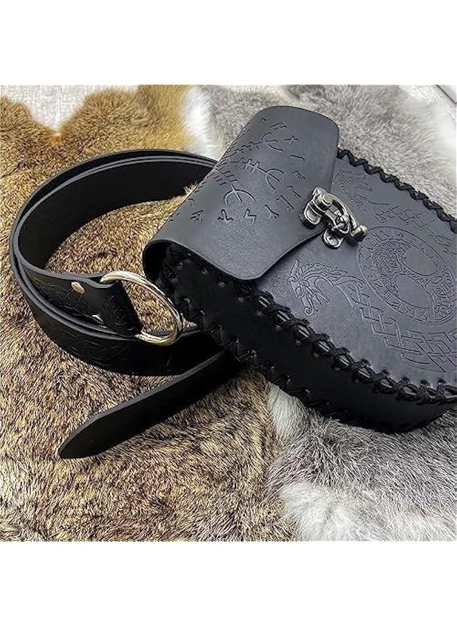 Medieval Embossed O Ring Belt with Nordic Embossed Belt Bag, Vintage Faux Leather Belt and Belt Pouch Set for LARP (Black A)