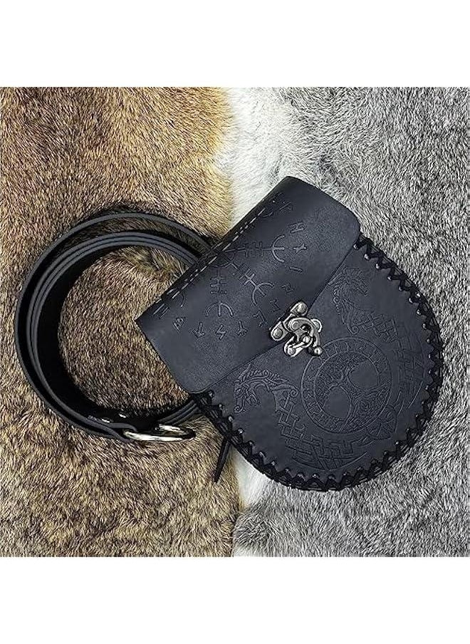 Medieval Embossed O Ring Belt with Nordic Embossed Belt Bag, Vintage Faux Leather Belt and Belt Pouch Set for LARP (Black A)