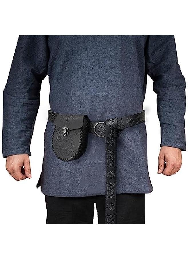 Medieval Embossed O Ring Belt with Nordic Embossed Belt Bag, Vintage Faux Leather Belt and Belt Pouch Set for LARP (Black A)