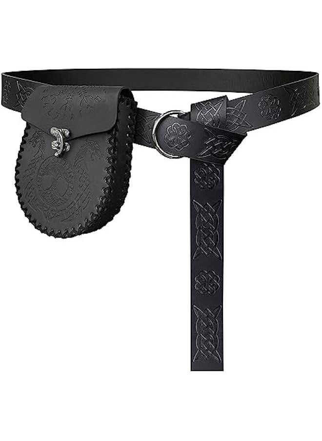 Medieval Embossed O Ring Belt with Nordic Embossed Belt Bag, Vintage Faux Leather Belt and Belt Pouch Set for LARP (Black A)