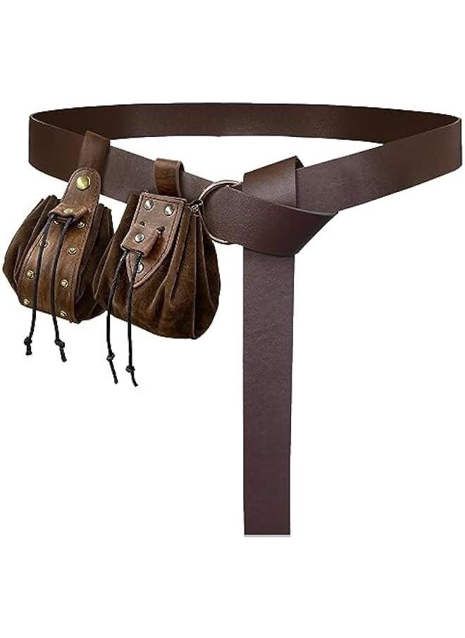 Medieval O Ring Belt with Vintage Medieval Drawstring Pouch and Rivets Belt bag, Retro Renaissance Faux Leather Belt and Coin Purse Set for Ren Faire (Brown D)