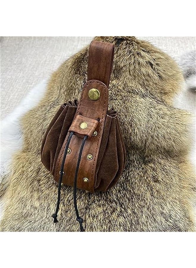 Medieval O Ring Belt with Vintage Medieval Drawstring Pouch and Rivets Belt bag, Retro Renaissance Faux Leather Belt and Coin Purse Set for Ren Faire (Brown D)
