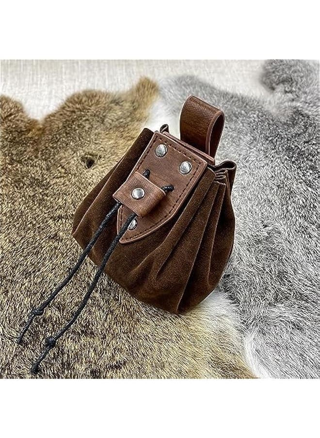 Medieval O Ring Belt with Vintage Medieval Drawstring Pouch and Rivets Belt bag, Retro Renaissance Faux Leather Belt and Coin Purse Set for Ren Faire (Brown D)