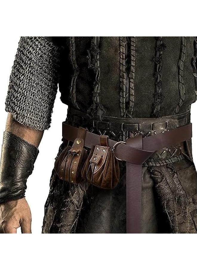 Medieval O Ring Belt with Vintage Medieval Drawstring Pouch and Rivets Belt bag, Retro Renaissance Faux Leather Belt and Coin Purse Set for Ren Faire (Brown D)