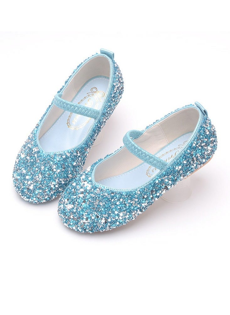 Girls Sandals Shinny Rhinestone,Sequins Closed Toe Flat Shoes for Little Girls Blue