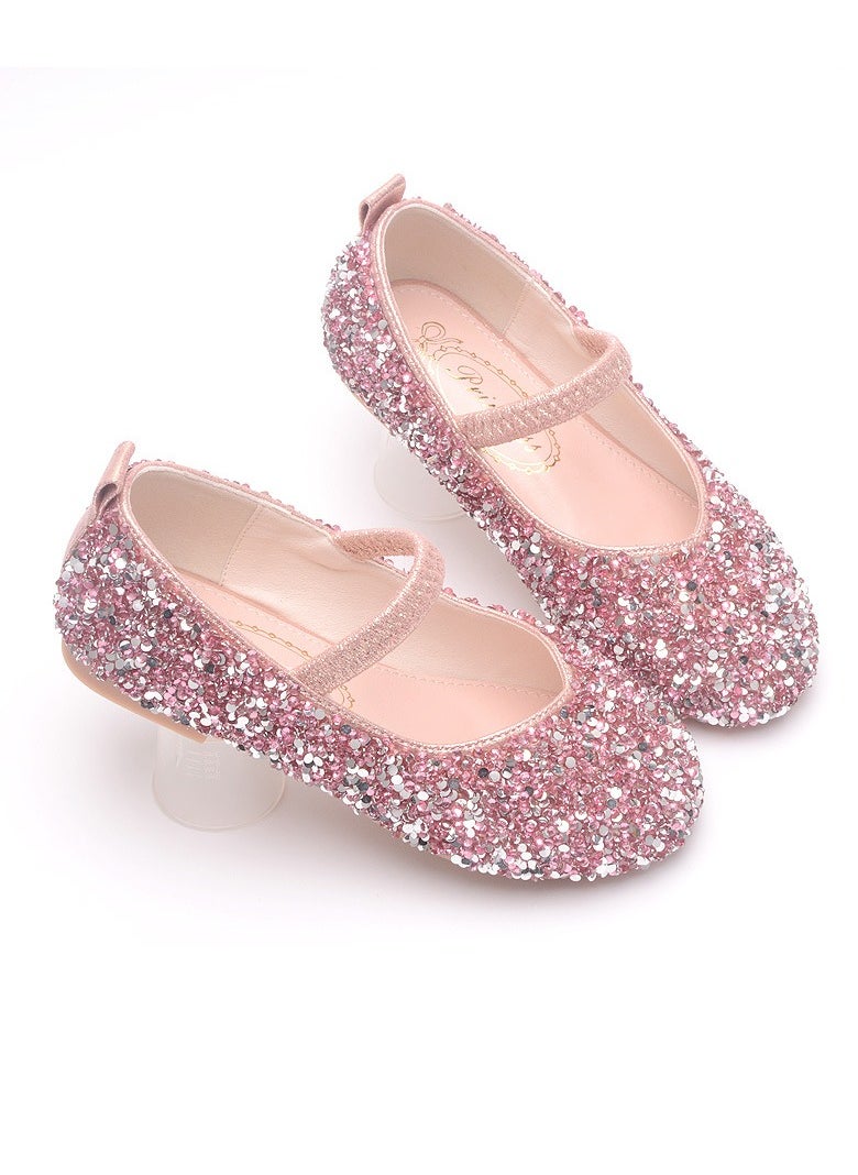 Girls Sandals Shinny Rhinestone,Sequins Closed Toe Flat Shoes for Little Girls Peach Pink