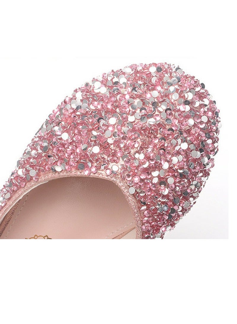 Girls Sandals Shinny Rhinestone,Sequins Closed Toe Flat Shoes for Little Girls Peach Pink