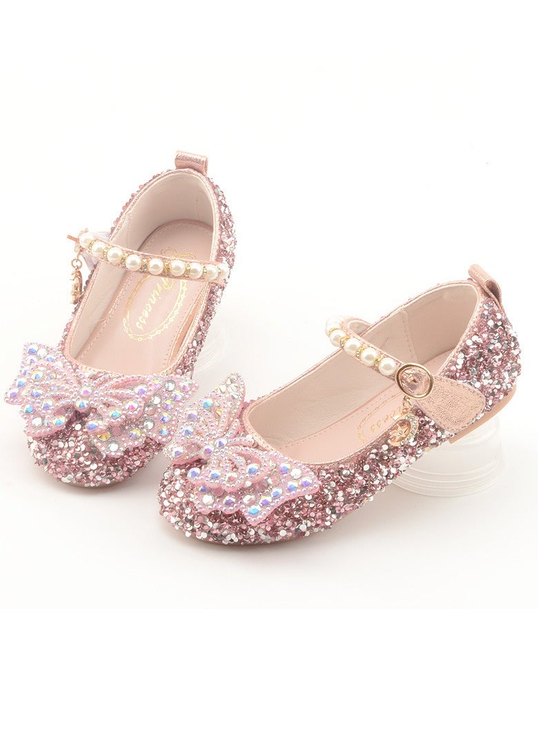 Girls Sandals Shinny Sequins,Delicate Bowknot and Beaded Decoration Closed Toe  Flat Shoes Peach Pink