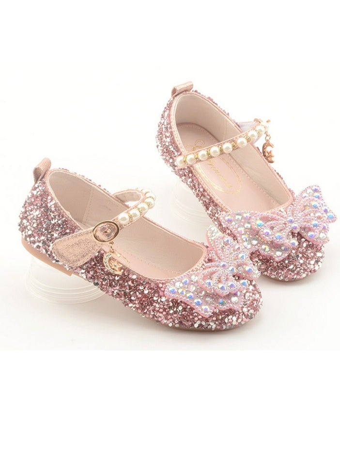 Girls Sandals Shinny Sequins,Delicate Bowknot and Beaded Decoration Closed Toe  Flat Shoes Peach Pink