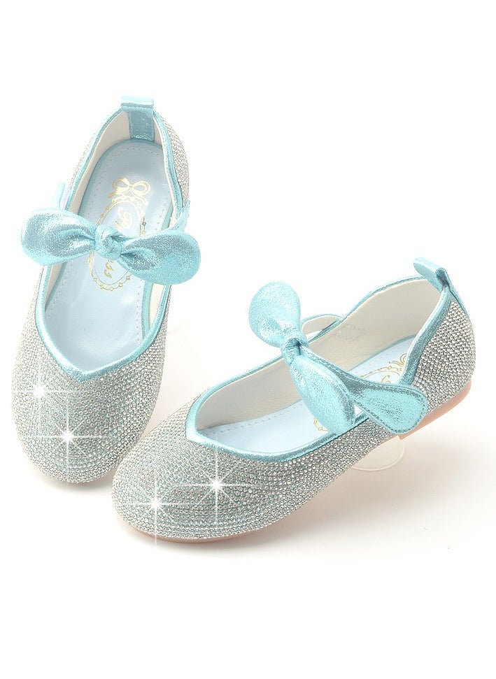 Girls Sandals Shinny Rhinestone,Bowknot Closed Toe Flat Shoes for Little Girls Blue