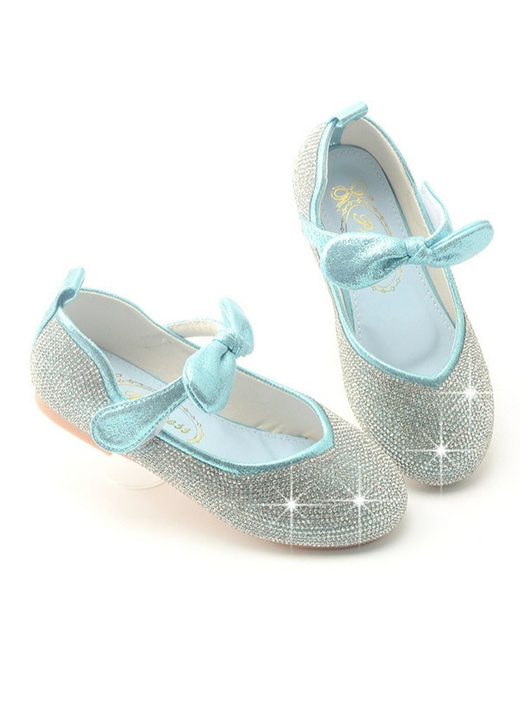 Girls Sandals Shinny Rhinestone,Bowknot Closed Toe Flat Shoes for Little Girls Blue