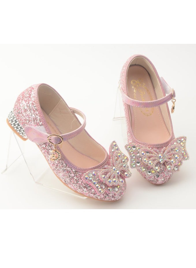 Girls Sandals Shinny Sequins,Delicate Bowknot Decoration Closed Toe  Flat Shoes Pink