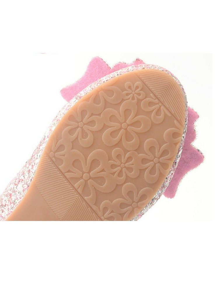 Girls Sandals Shinny Sequins,Delicate Bowknot Decoration Closed Toe  Flat Shoes Pink