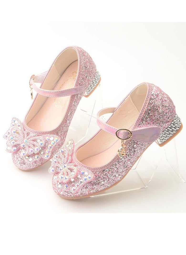 Girls Sandals Shinny Sequins,Delicate Bowknot Decoration Closed Toe  Flat Shoes Pink