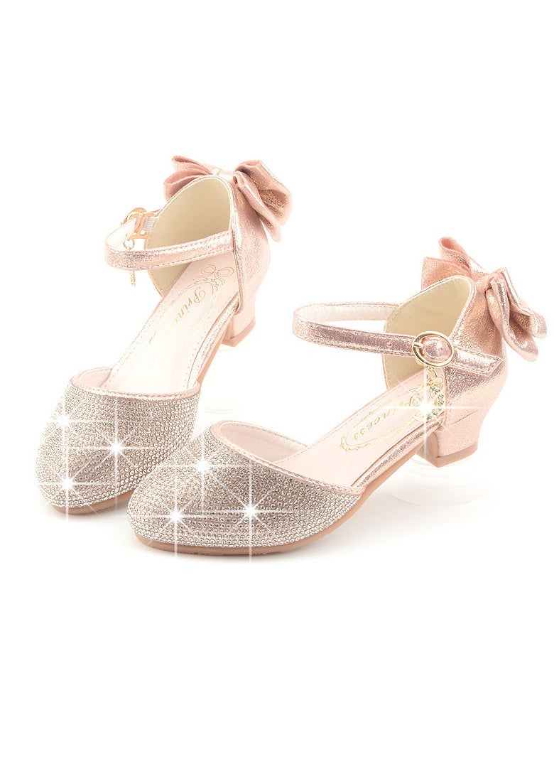 Girls Sandals Shinny Rhinestone,Cute Bowknot Decoration Closed Toe Chunky Low Heels Shoes Light Pink