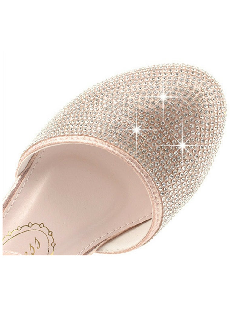 Girls Sandals Shinny Rhinestone,Cute Bowknot Decoration Closed Toe Chunky Low Heels Shoes Light Pink
