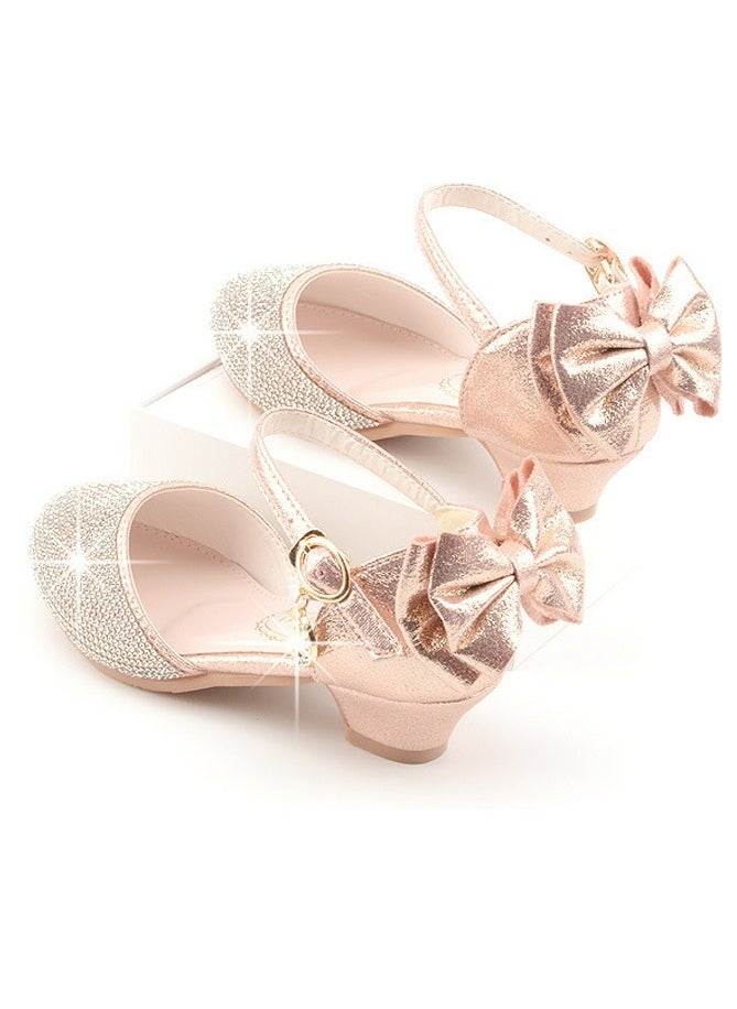 Girls Sandals Shinny Rhinestone,Cute Bowknot Decoration Closed Toe Chunky Low Heels Shoes Light Pink