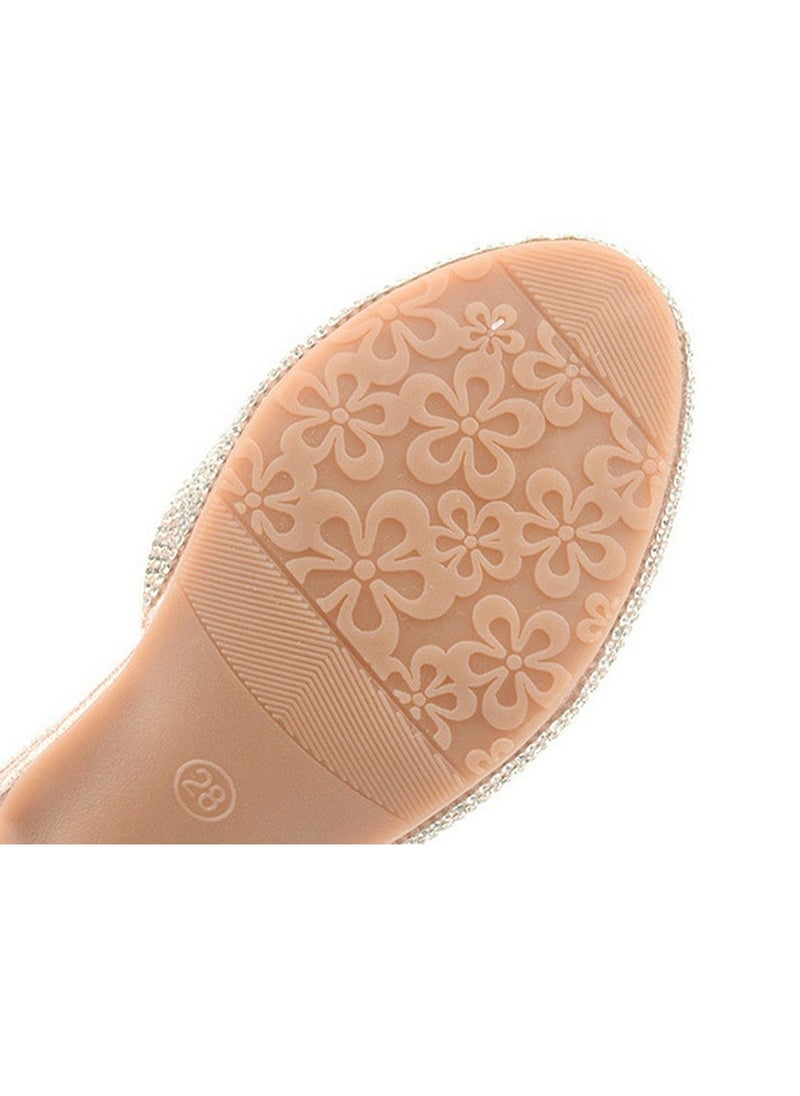 Girls Sandals Shinny Rhinestone,Cute Bowknot Decoration Closed Toe Chunky Low Heels Shoes Light Pink