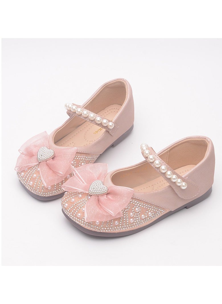 Girls Sandals Shinny Rhinestone,Delicate Beaded and Bowknot Decoration Closed Toe  Flat Shoes Pink