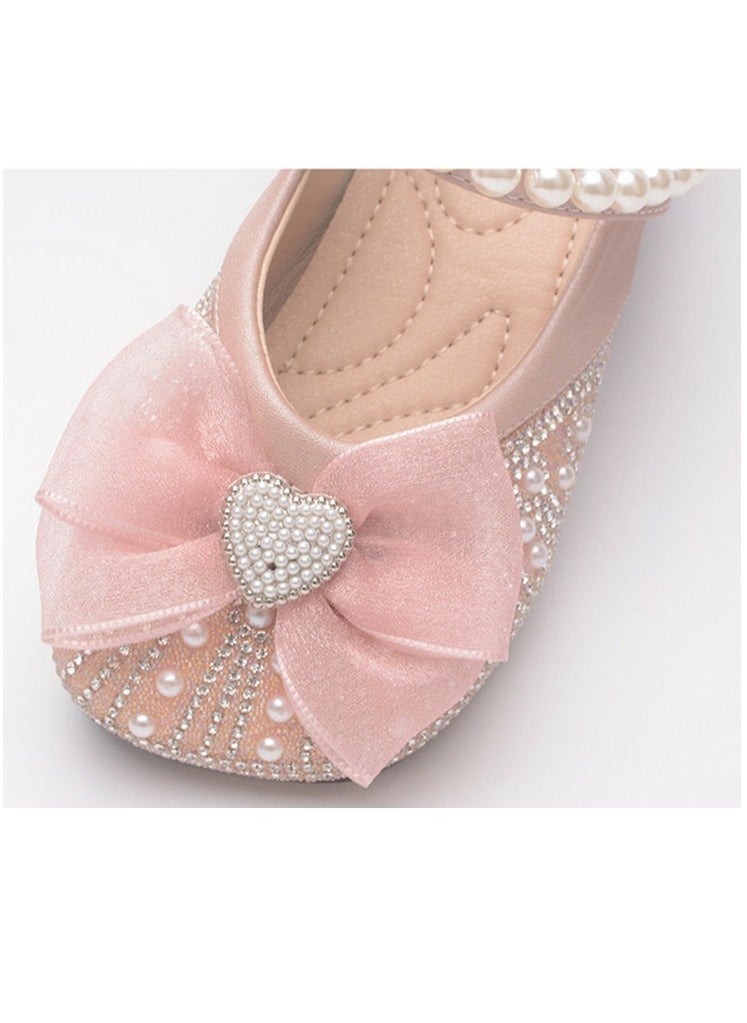 Girls Sandals Shinny Rhinestone,Delicate Beaded and Bowknot Decoration Closed Toe  Flat Shoes Pink