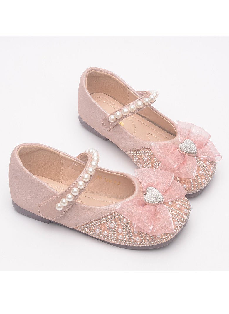 Girls Sandals Shinny Rhinestone,Delicate Beaded and Bowknot Decoration Closed Toe  Flat Shoes Pink