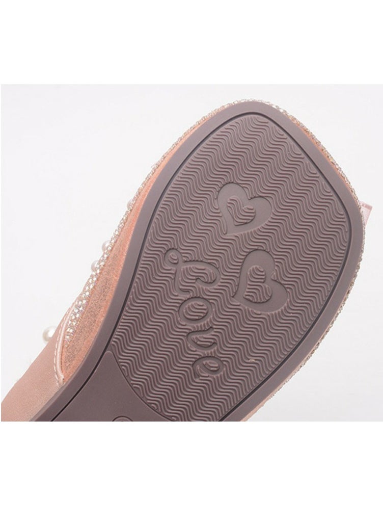 Girls Sandals Shinny Rhinestone,Delicate Beaded and Bowknot Decoration Closed Toe  Flat Shoes Pink