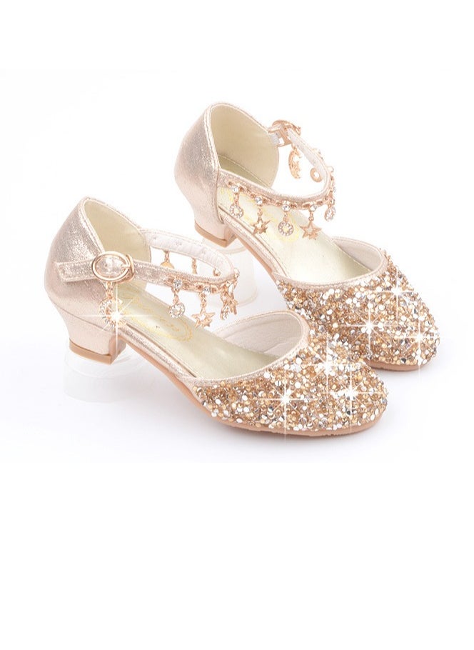 Girls Sandals Shinny Sequins Closed Toe Low Heels Shoes for Little Girls Gold