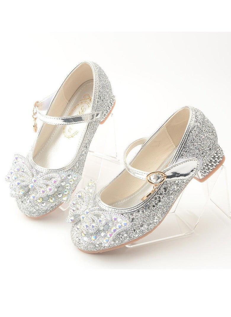 Girls Sandals Shinny Sequins,Delicate Bowknot Decoration Closed Toe  Flat Shoes Silver
