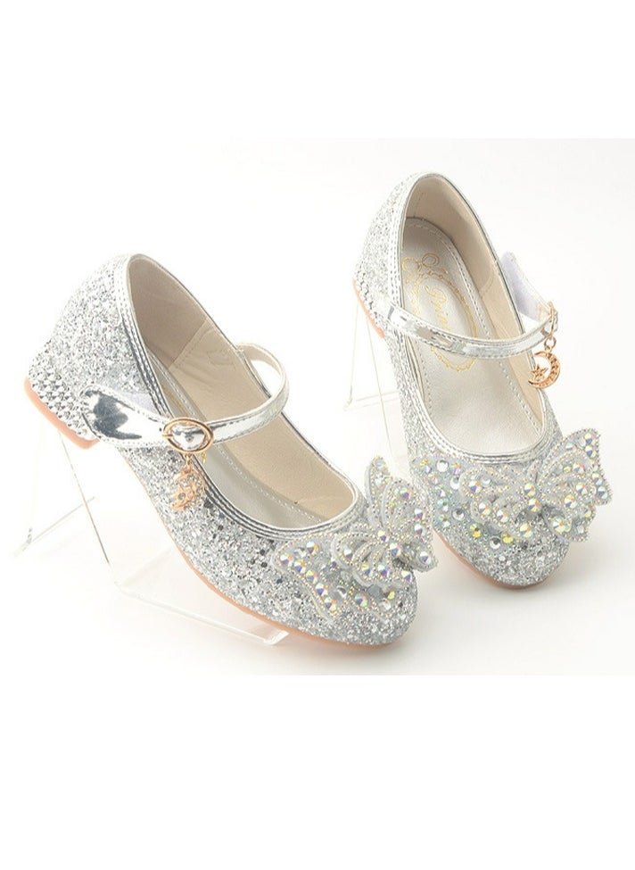 Girls Sandals Shinny Sequins,Delicate Bowknot Decoration Closed Toe  Flat Shoes Silver