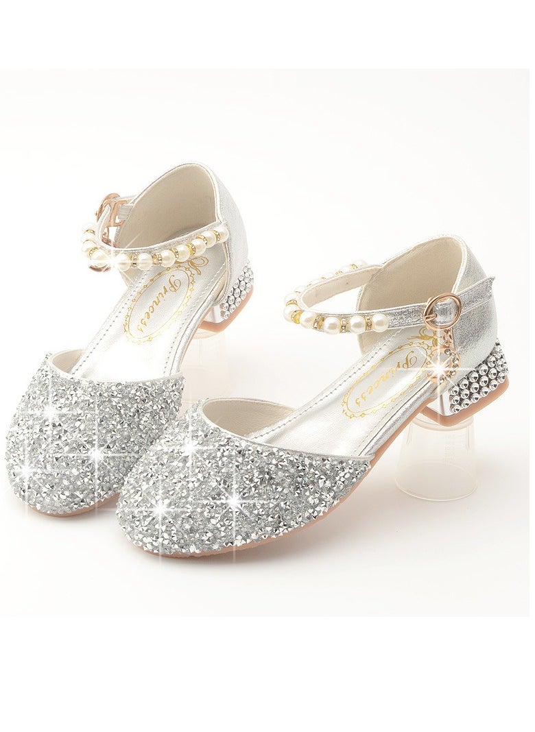 Girls Sandals Shinny Rhinestone and Sequins,Beaded Decoration Closed Toe  Shoes Silver