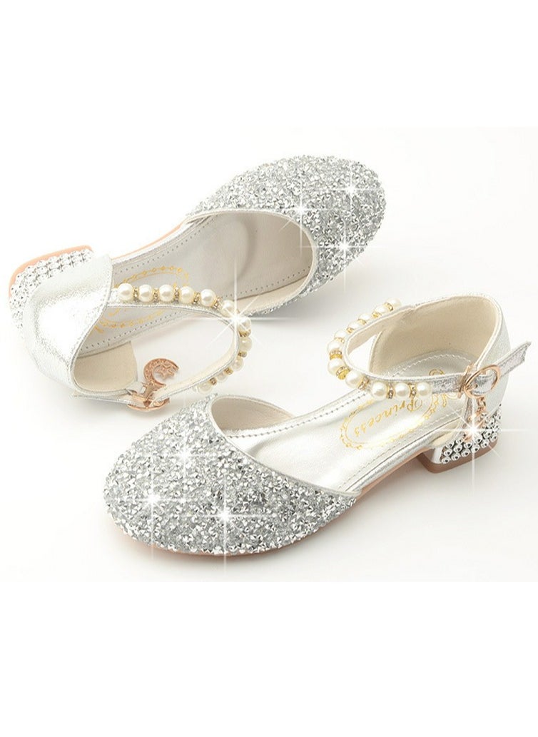 Girls Sandals Shinny Rhinestone and Sequins,Beaded Decoration Closed Toe  Shoes Silver