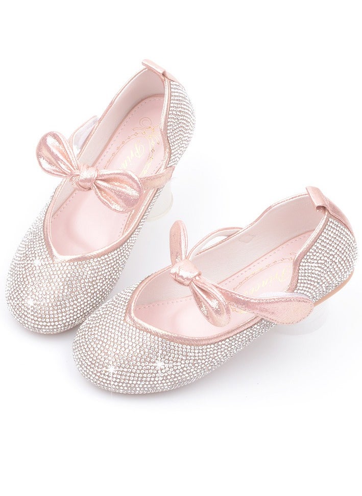Girls Sandals Shinny Rhinestone,Bowknot Closed Toe Flat Shoes for Little Girls Pink