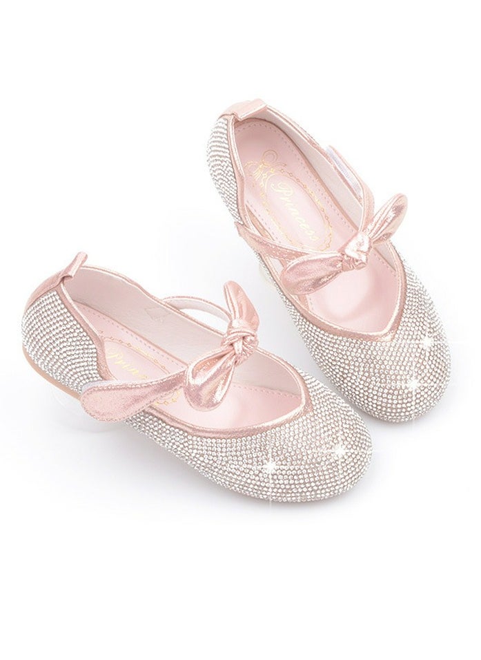 Girls Sandals Shinny Rhinestone,Bowknot Closed Toe Flat Shoes for Little Girls Pink