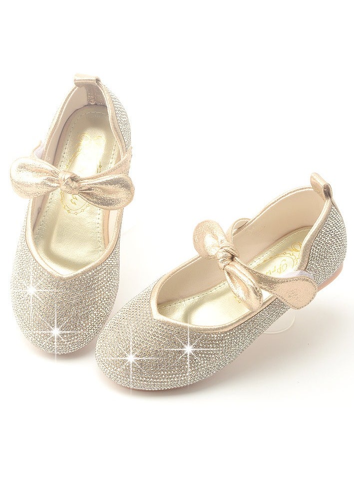Girls Sandals Shinny Rhinestone,Bowknot Closed Toe Flat Shoes for Little Girls Gold