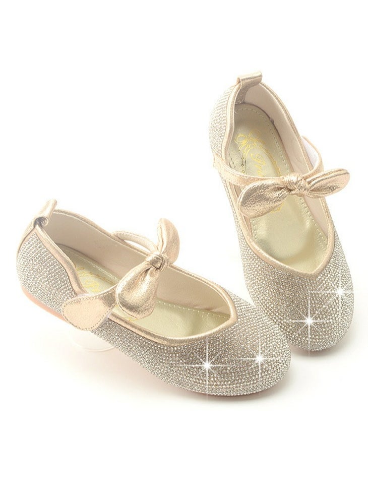 Girls Sandals Shinny Rhinestone,Bowknot Closed Toe Flat Shoes for Little Girls Gold