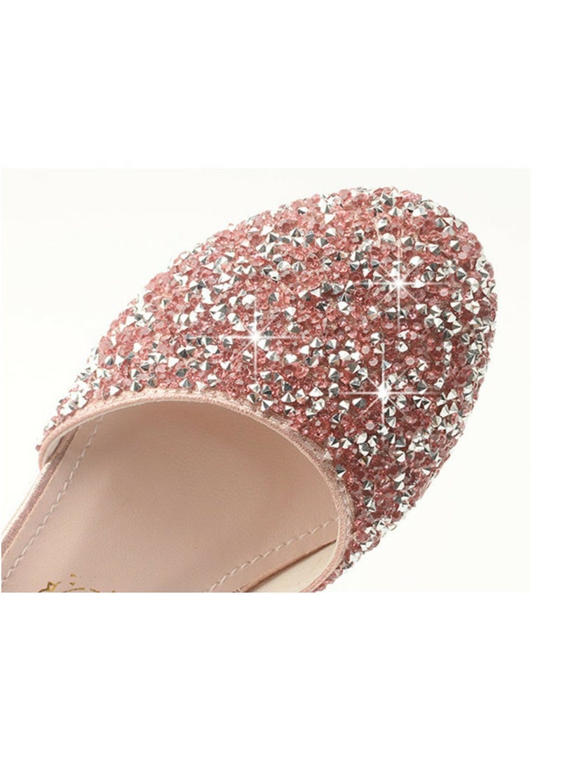 Girls Sandals Shinny Rhinestone and Sequins,Beaded Decoration Closed Toe  Shoes Peach Pink