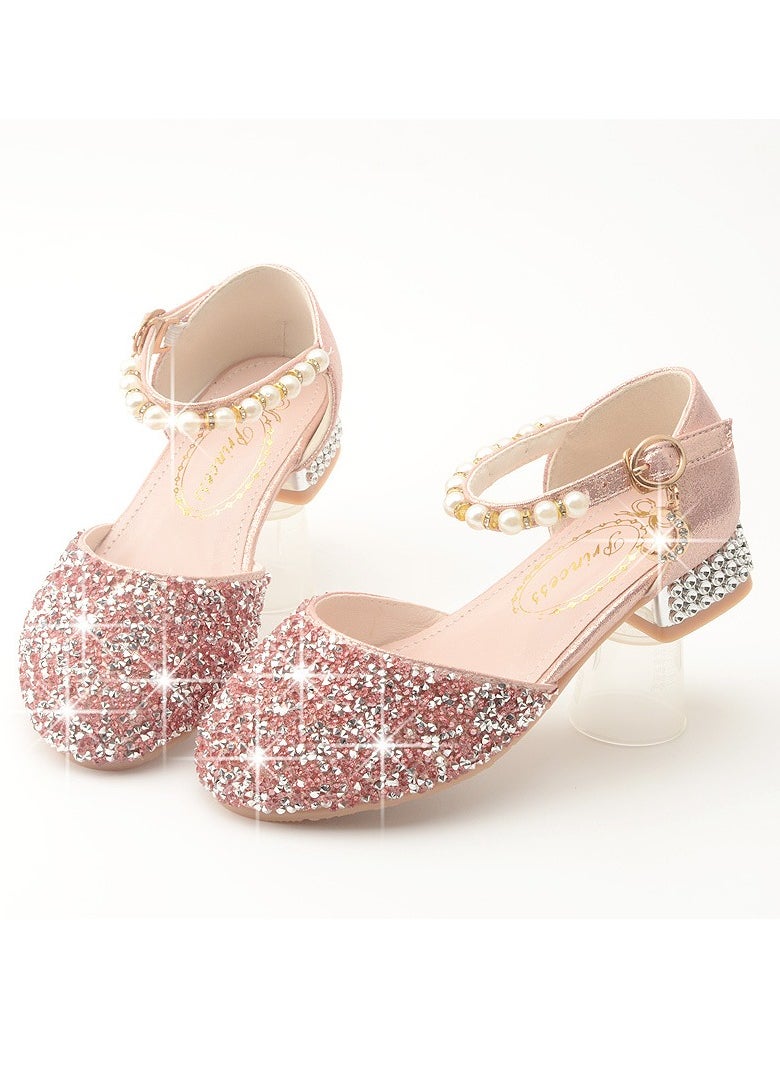 Girls Sandals Shinny Rhinestone and Sequins,Beaded Decoration Closed Toe  Shoes Peach Pink