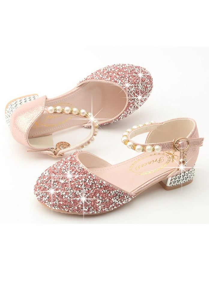 Girls Sandals Shinny Rhinestone and Sequins,Beaded Decoration Closed Toe  Shoes Peach Pink