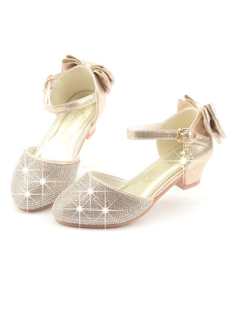 Girls Sandals Shinny Rhinestone,Cute Bowknot Decoration Closed Toe Chunky Low Heels Shoes Gold