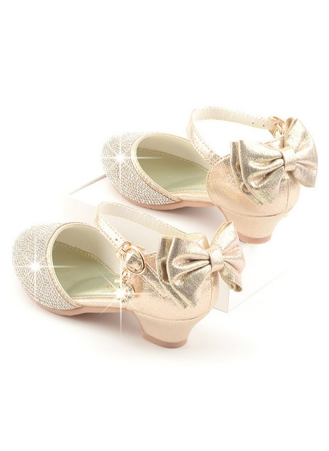 Girls Sandals Shinny Rhinestone,Cute Bowknot Decoration Closed Toe Chunky Low Heels Shoes Gold