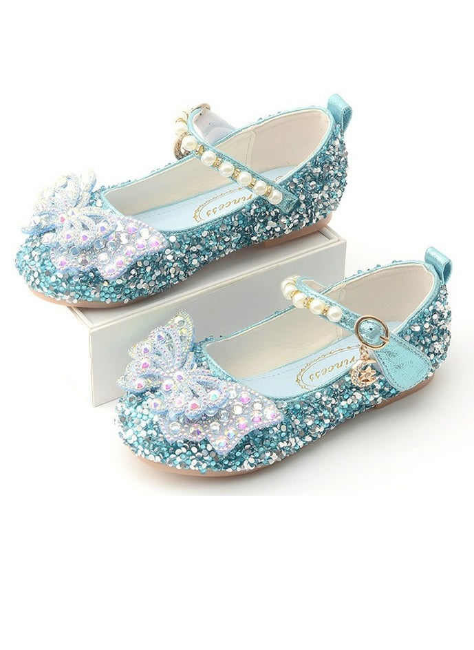 Girls Sandals Shinny Sequins,Delicate Bowknot and Beaded Decoration Closed Toe  Flat Shoes Blue