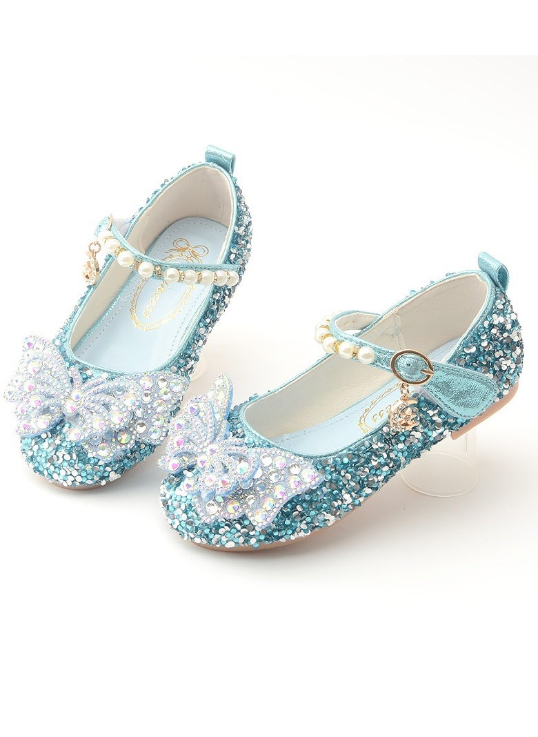 Girls Sandals Shinny Sequins,Delicate Bowknot and Beaded Decoration Closed Toe  Flat Shoes Blue