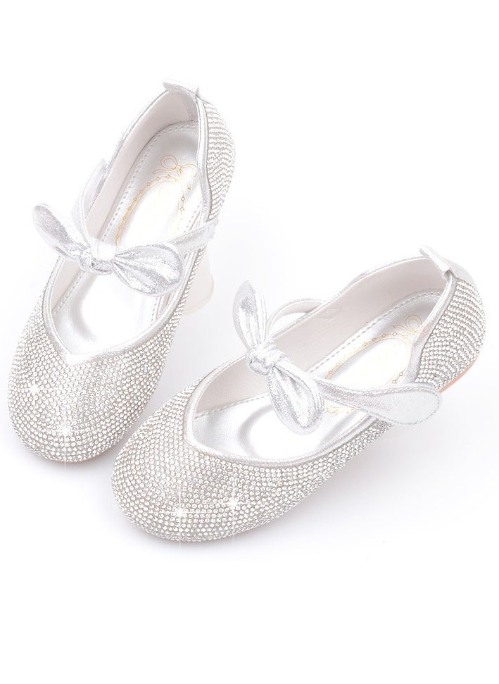 Girls Sandals Shinny Rhinestone,Bowknot Closed Toe Flat Shoes for Little Girls Silver
