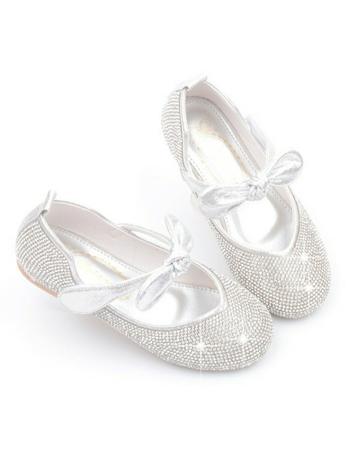Girls Sandals Shinny Rhinestone,Bowknot Closed Toe Flat Shoes for Little Girls Silver