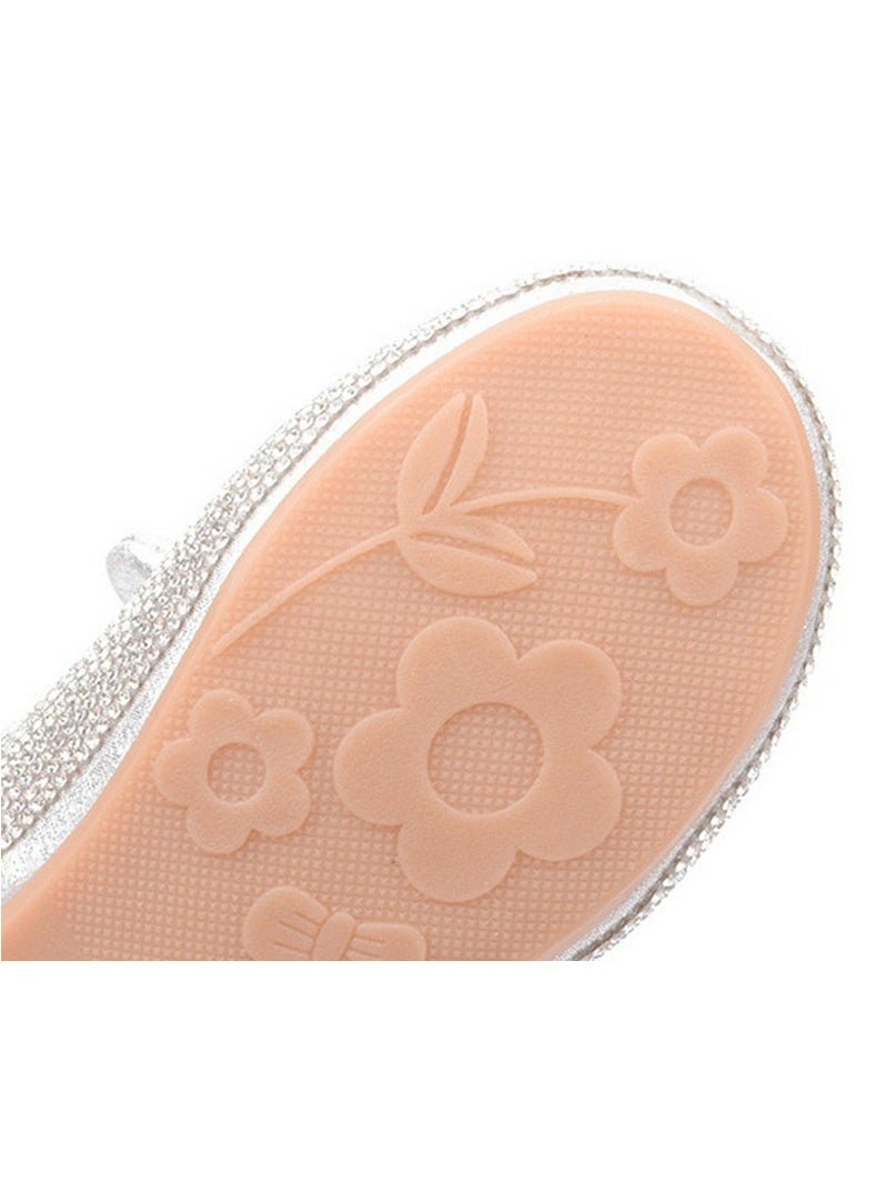 Girls Sandals Shinny Rhinestone,Bowknot Closed Toe Flat Shoes for Little Girls Silver