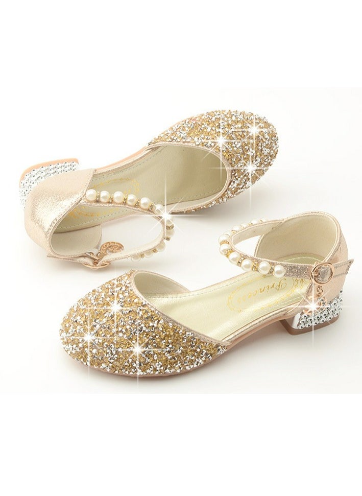 Girls Sandals Shinny Rhinestone and Sequins,Beaded Decoration Closed Toe  Shoes Gold
