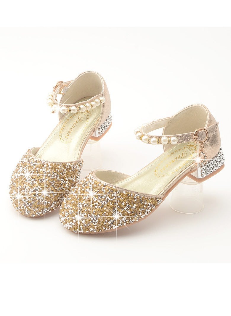Girls Sandals Shinny Rhinestone and Sequins,Beaded Decoration Closed Toe  Shoes Gold